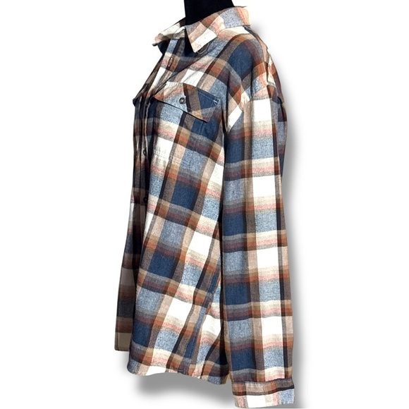 Burnside Men's Casual Plaid Long Cuffed Sleeve Flannel Blue/Brown Button Down - Picture 5 of 16